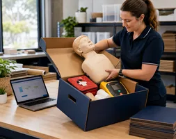 Eclipse Education staff member packing a reusable first aid training box with a CPR manikin and AED training device