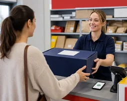 Learner handing a sealed reusable first aid training box to a postal clerk for return